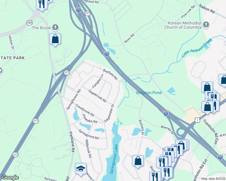 map of restaurants, bars, coffee shops, grocery stores, and more near 8220 Springflower Road in Columbia