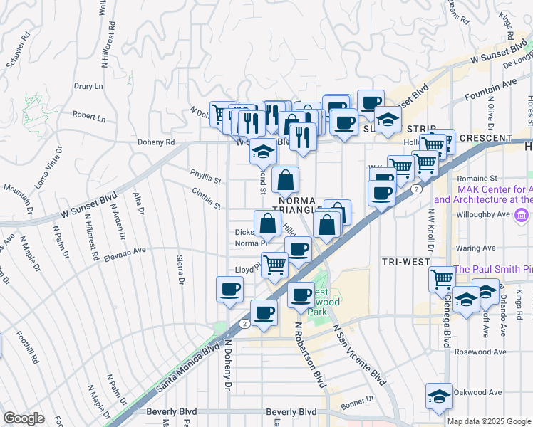 map of restaurants, bars, coffee shops, grocery stores, and more near 874 Hammond Street in West Hollywood