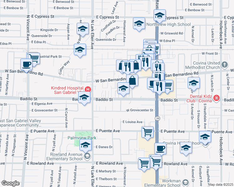 map of restaurants, bars, coffee shops, grocery stores, and more near 1131 West Badillo Street in Covina