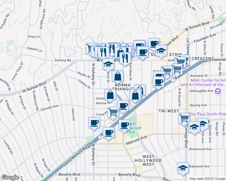 map of restaurants, bars, coffee shops, grocery stores, and more near 8960 Cynthia Street in West Hollywood