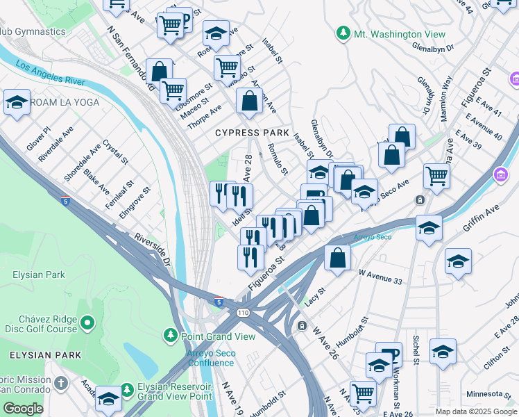 map of restaurants, bars, coffee shops, grocery stores, and more near 2814 Idell Street in Los Angeles