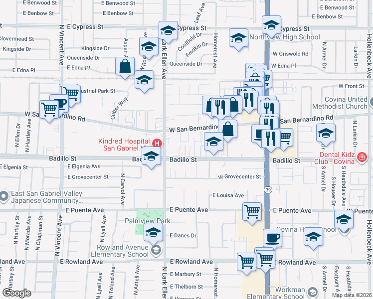 map of restaurants, bars, coffee shops, grocery stores, and more near 1235 Badillo Street in Covina