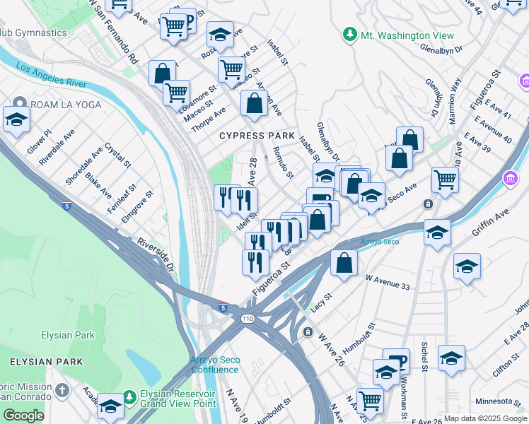 map of restaurants, bars, coffee shops, grocery stores, and more near 2814 Idell Street in Los Angeles