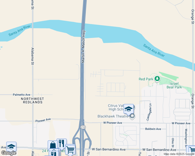 map of restaurants, bars, coffee shops, grocery stores, and more near 2147 Bergamot Street in Redlands