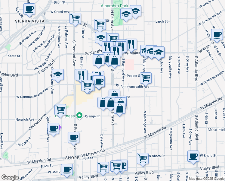 map of restaurants, bars, coffee shops, grocery stores, and more near 312 South Palm Avenue in Alhambra