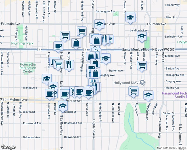 map of restaurants, bars, coffee shops, grocery stores, and more near N Highland Ave & Willoughby Ave in Los Angeles