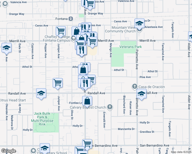 map of restaurants, bars, coffee shops, grocery stores, and more near 9153 Acacia Avenue in Fontana