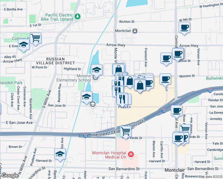 map of restaurants, bars, coffee shops, grocery stores, and more near 9160 Monte Vista Avenue in Montclair