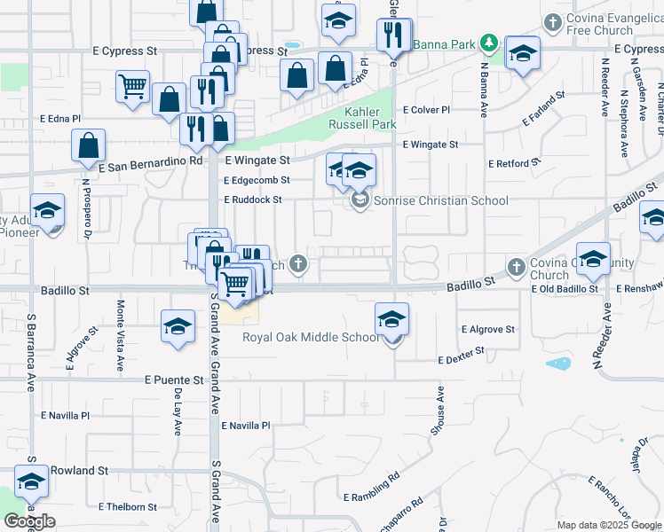 map of restaurants, bars, coffee shops, grocery stores, and more near 1147 East Wanamaker Drive in Covina