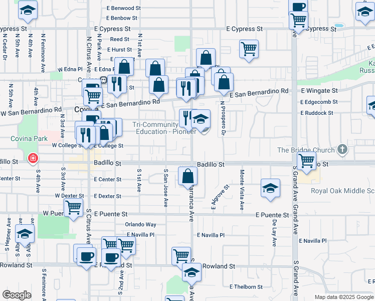 map of restaurants, bars, coffee shops, grocery stores, and more near 208 College Way in Covina