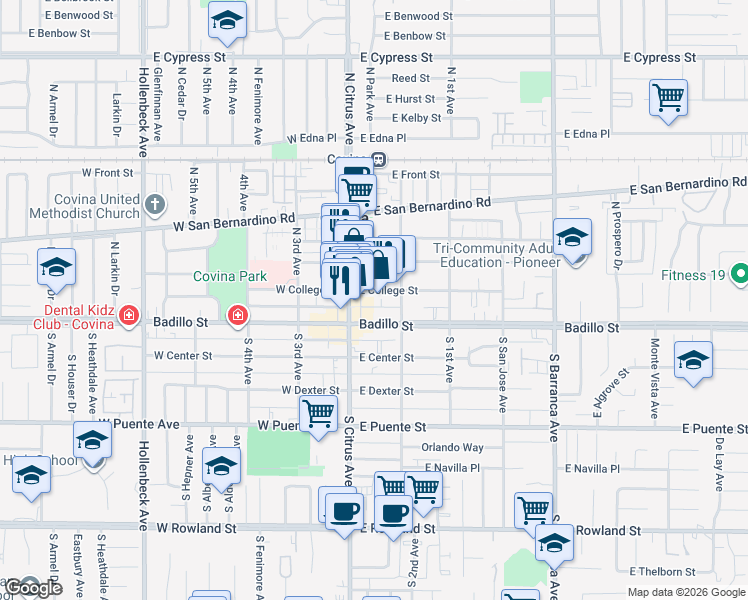 map of restaurants, bars, coffee shops, grocery stores, and more near in Covina