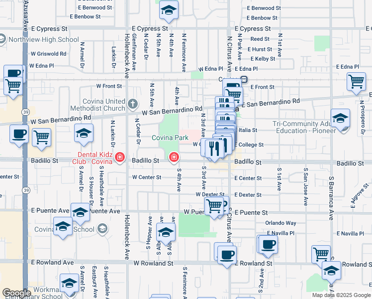 map of restaurants, bars, coffee shops, grocery stores, and more near 268 West College Street in Covina