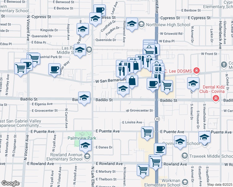 map of restaurants, bars, coffee shops, grocery stores, and more near 1143 West Badillo Street in Covina