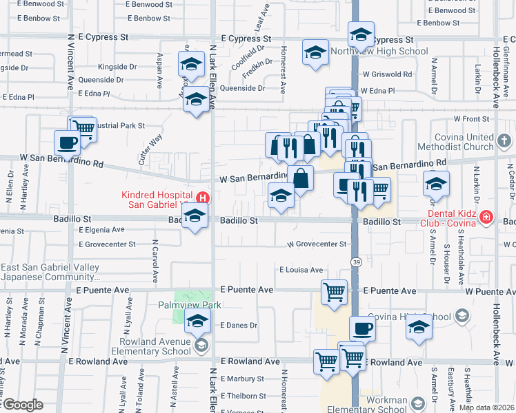 map of restaurants, bars, coffee shops, grocery stores, and more near 1143 West Badillo Street in Covina