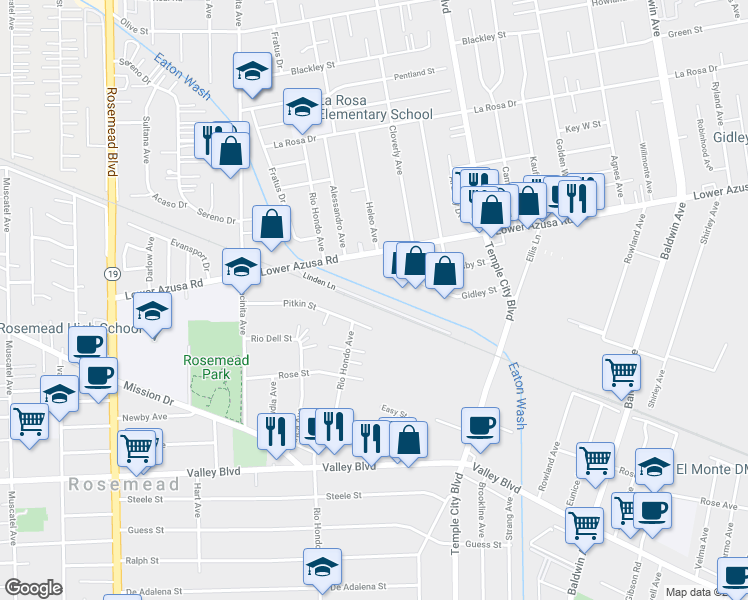 map of restaurants, bars, coffee shops, grocery stores, and more near 4303 Temple City Boulevard in Temple City
