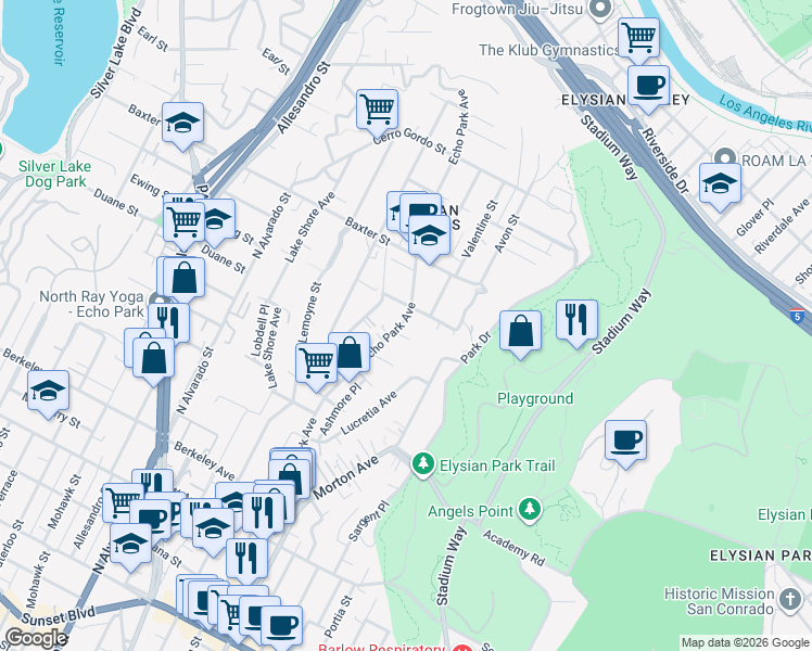 map of restaurants, bars, coffee shops, grocery stores, and more near 1957 Echo Park Avenue in Los Angeles