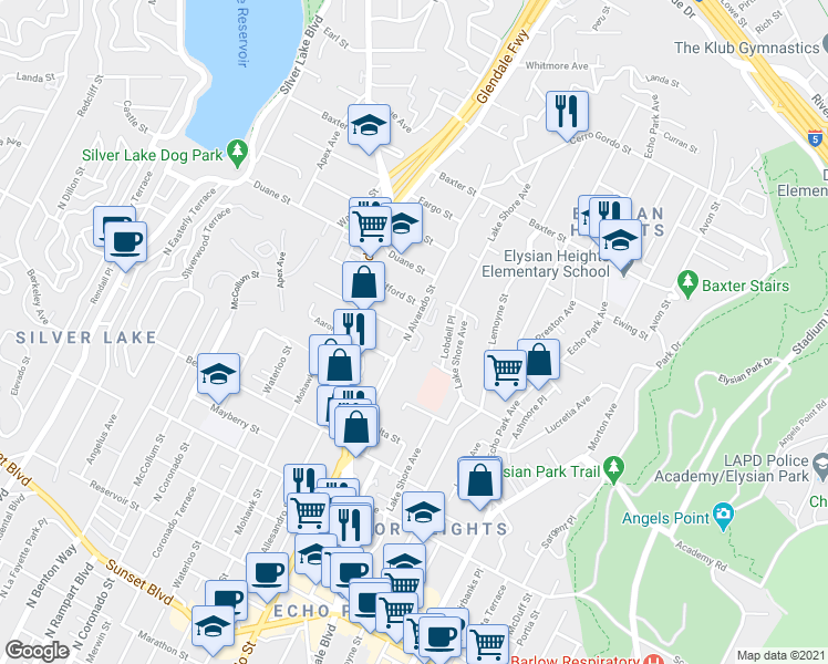 map of restaurants, bars, coffee shops, grocery stores, and more near 1898 North Alvarado Street in Los Angeles