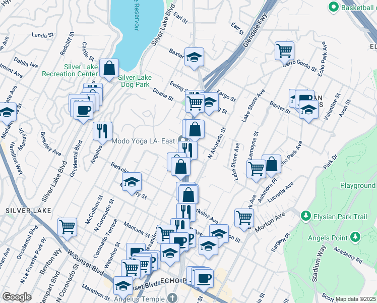 map of restaurants, bars, coffee shops, grocery stores, and more near 1765 Glendale Boulevard in Los Angeles