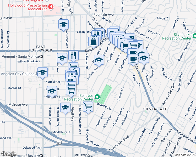 map of restaurants, bars, coffee shops, grocery stores, and more near 866 Hyperion Avenue in Los Angeles