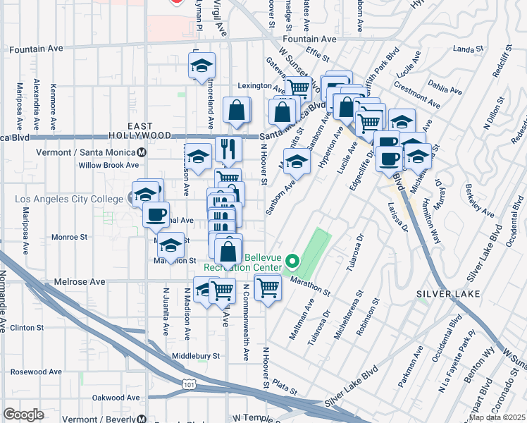 map of restaurants, bars, coffee shops, grocery stores, and more near 853 Sanborn Avenue in Los Angeles