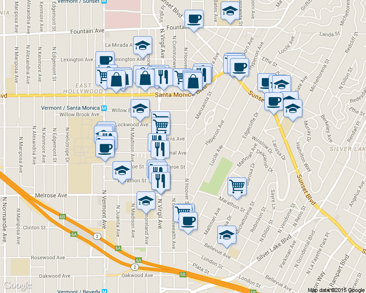 map of restaurants, bars, coffee shops, grocery stores, and more near 4226 Burns Avenue in Los Angeles