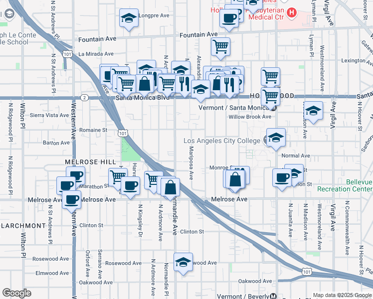 map of restaurants, bars, coffee shops, grocery stores, and more near 936 North Mariposa Avenue in Los Angeles