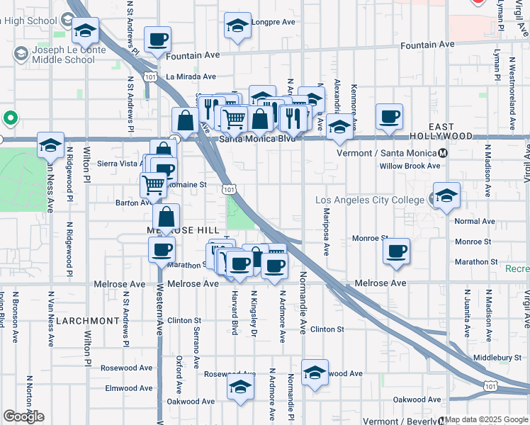 map of restaurants, bars, coffee shops, grocery stores, and more near 941 North Kingsley Drive in Los Angeles