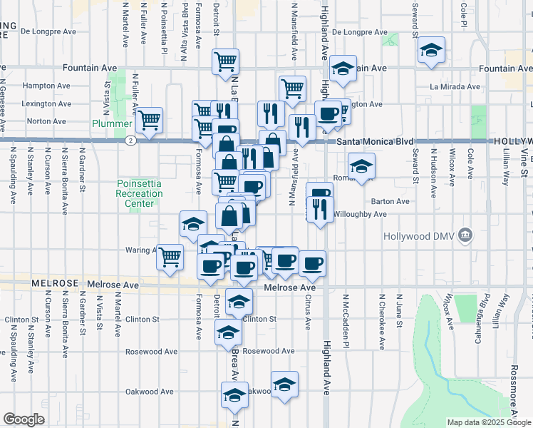 map of restaurants, bars, coffee shops, grocery stores, and more near 7029 Willoughby Avenue in Los Angeles