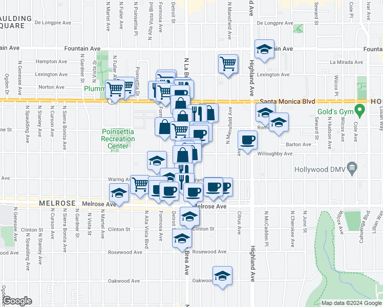 map of restaurants, bars, coffee shops, grocery stores, and more near in Los Angeles