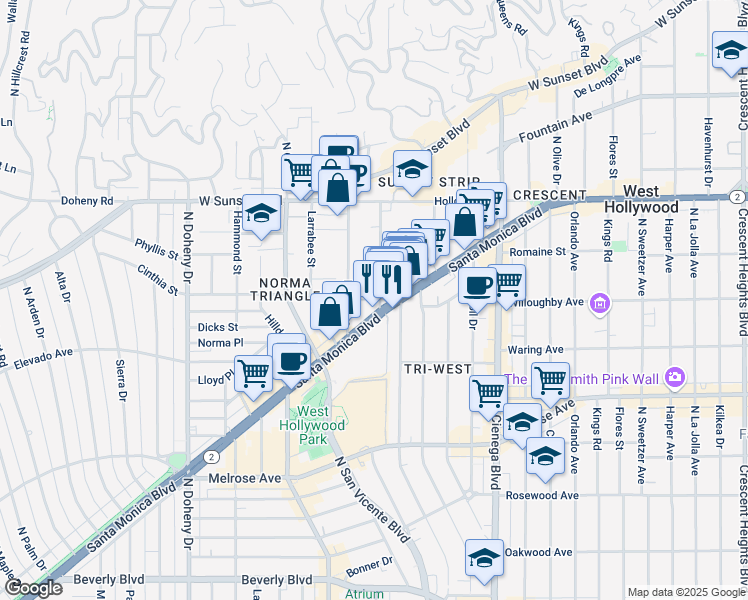 map of restaurants, bars, coffee shops, grocery stores, and more near 924 Hancock Avenue in West Hollywood