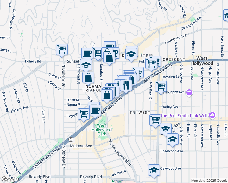 map of restaurants, bars, coffee shops, grocery stores, and more near 909 Palm Avenue in West Hollywood