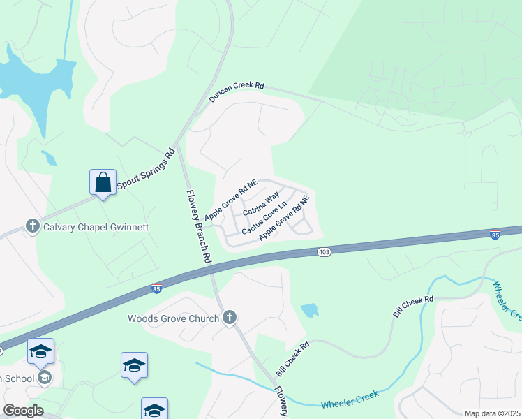 map of restaurants, bars, coffee shops, grocery stores, and more near 5223 Catrina Way in Buford