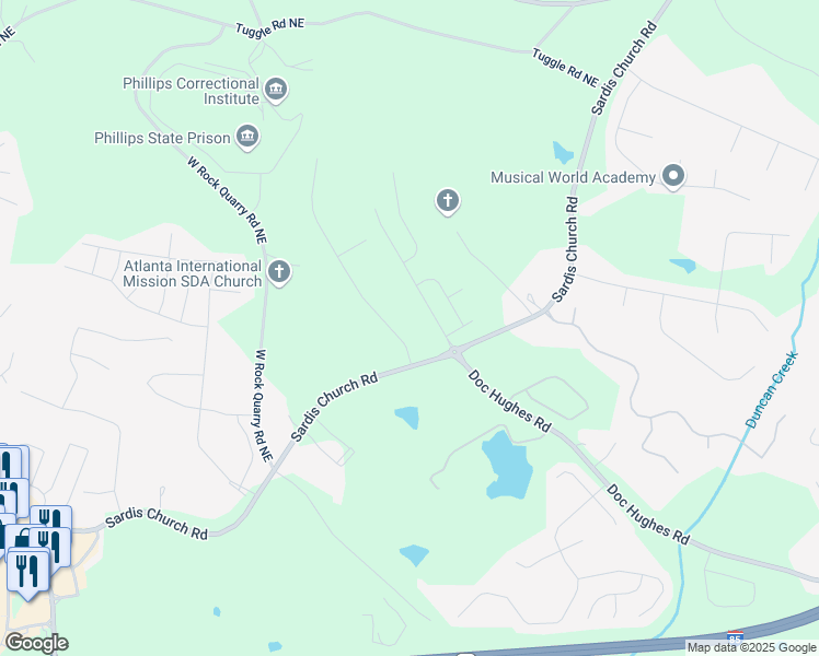 map of restaurants, bars, coffee shops, grocery stores, and more near 2631 Sardis Way in Buford