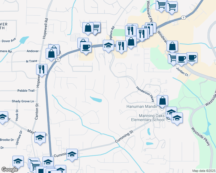map of restaurants, bars, coffee shops, grocery stores, and more near 111 John Christopher Drive in Alpharetta