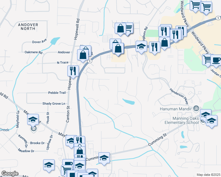 map of restaurants, bars, coffee shops, grocery stores, and more near 5060 Winship Court in Alpharetta