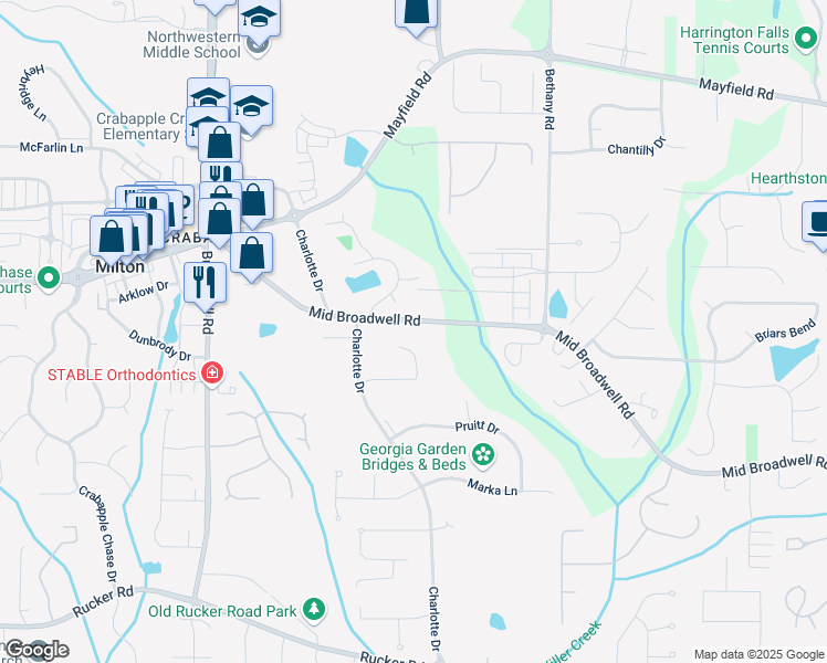 map of restaurants, bars, coffee shops, grocery stores, and more near 1065 Mid Broadwell Road in Alpharetta