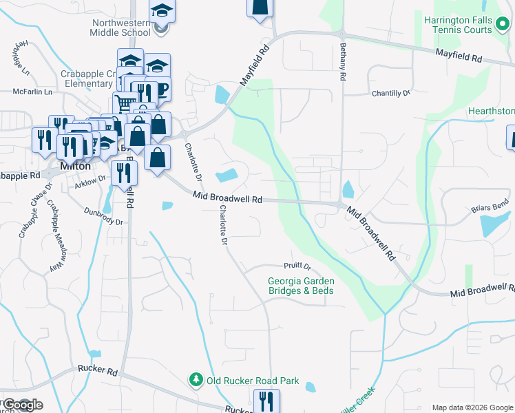 map of restaurants, bars, coffee shops, grocery stores, and more near 1020 Mid Broadwell Road in Alpharetta