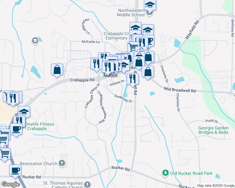 map of restaurants, bars, coffee shops, grocery stores, and more near 680 Dunbrody Drive in Milton
