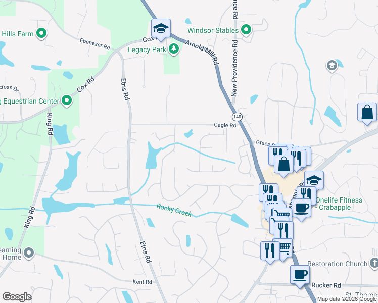 map of restaurants, bars, coffee shops, grocery stores, and more near 505 Wilde Green Drive in Roswell