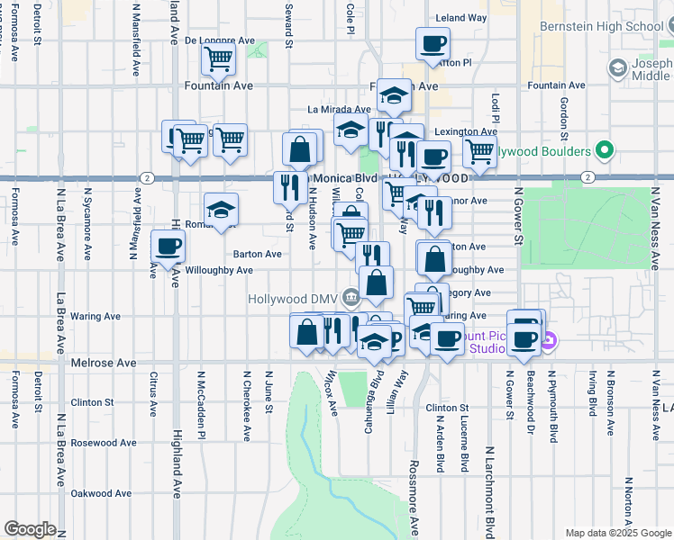 map of restaurants, bars, coffee shops, grocery stores, and more near Willoughby Avenue & Wilcox Avenue in Los Angeles
