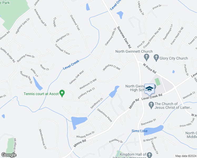 map of restaurants, bars, coffee shops, grocery stores, and more near 5205 West Price Road in Suwanee