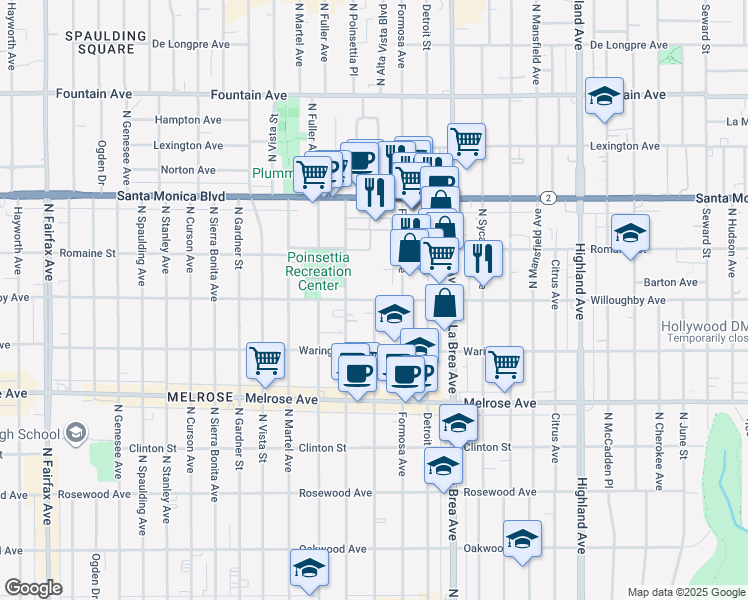 map of restaurants, bars, coffee shops, grocery stores, and more near North Alta Vista Boulevard in West Hollywood