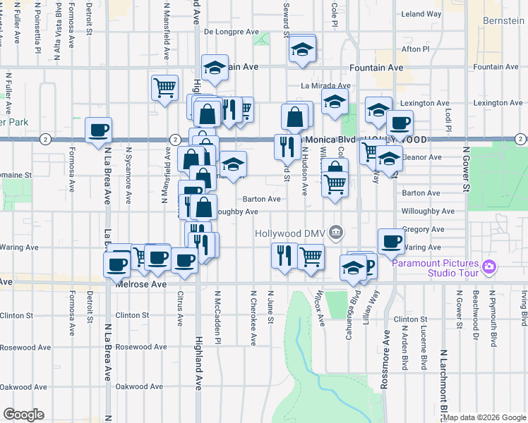 map of restaurants, bars, coffee shops, grocery stores, and more near Willoughby Avenue in West Hollywood