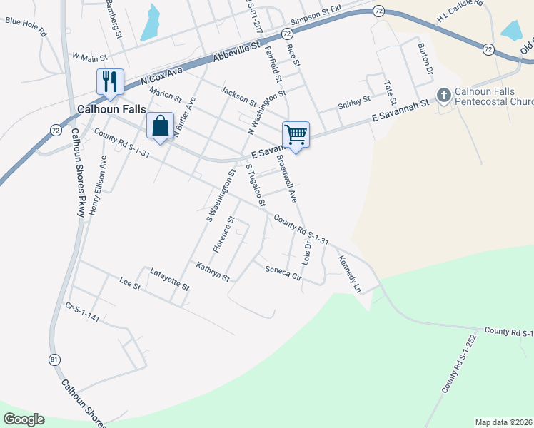 map of restaurants, bars, coffee shops, grocery stores, and more near 525 County Road S-1-31 in Calhoun Falls