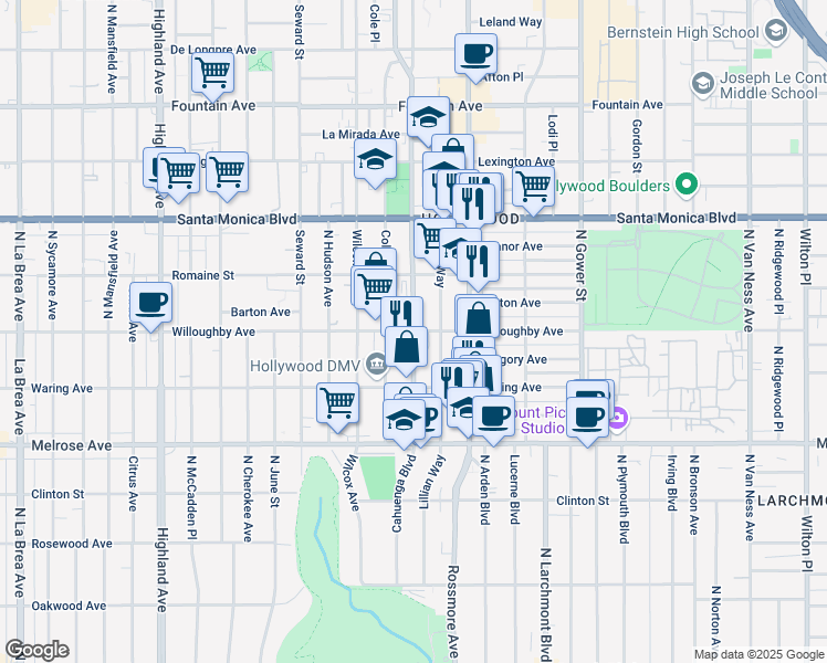 map of restaurants, bars, coffee shops, grocery stores, and more near 901 North Cahuenga Boulevard in Los Angeles