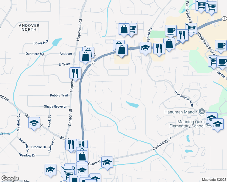 map of restaurants, bars, coffee shops, grocery stores, and more near 5060 Winship Court in Alpharetta