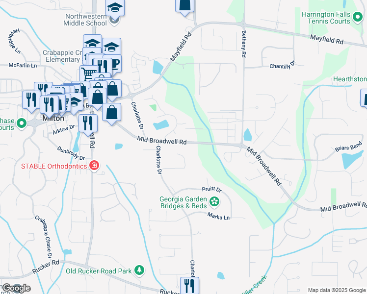 map of restaurants, bars, coffee shops, grocery stores, and more near 1065 Mid Broadwell Road in Alpharetta