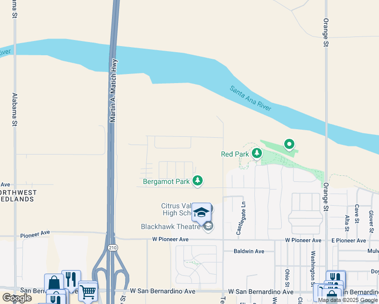 map of restaurants, bars, coffee shops, grocery stores, and more near 911 Lumia Circle in Redlands