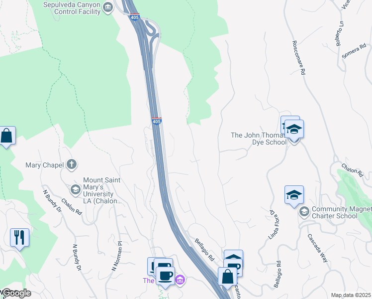map of restaurants, bars, coffee shops, grocery stores, and more near 1345 Casiano Road in Los Angeles