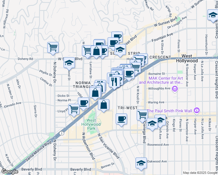 map of restaurants, bars, coffee shops, grocery stores, and more near 901 Hancock Avenue in West Hollywood